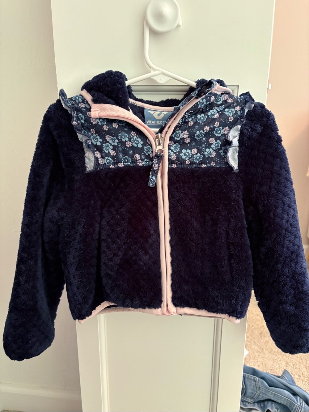 Girls' Navy Floral Hooded Sherpa Jacket with Pink Trim